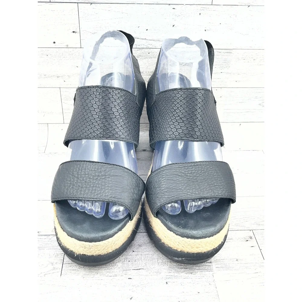 Sorel Joanie II Hi Slingback Wedge Sandals Black Leather Espadrille Women Sz 10 - Picture 2 of 11